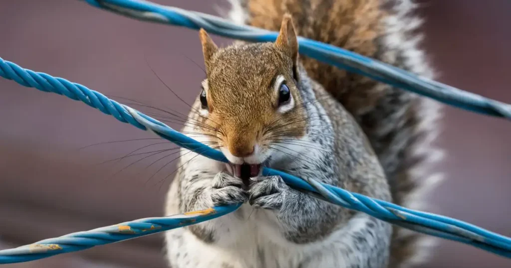 Squirrel chewing fence wire at Missouri farm - Heaven Sake Outdoors provides ethical, faith-driven squirrel removal and pest control services.